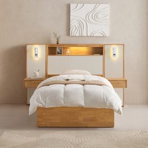 메이트 템바 LED 호텔식 고무나무 원목 서랍 수납 슈퍼싱글 침대 SS+독립 매트