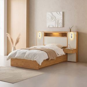 메이트 템바 LED 호텔식 고무나무 원목 서랍 수납 슈퍼싱글 침대 SS+유로탑 매트
