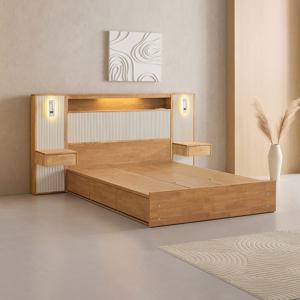 메이트 템바 LED 호텔식 고무나무 원목 서랍 수납 퀸 침대 Q 프레임