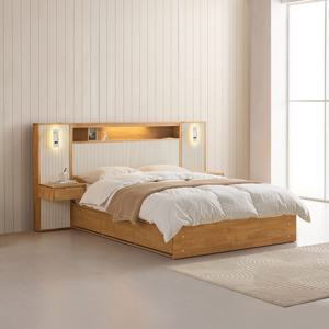 메이트 템바 LED 호텔식 고무나무 원목 서랍 수납 퀸 침대 Q+독립 매트