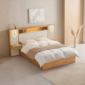 메이트 템바 LED 호텔식 고무나무 원목 서랍 수납 퀸 침대 Q+유로탑 매트