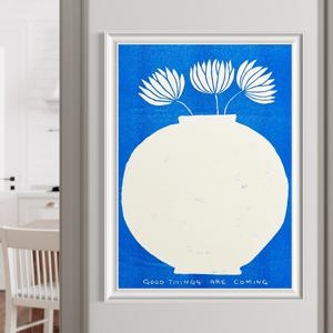 달빛꽃과 블루 달항아리 그림액자 A4사이즈 리소프린트