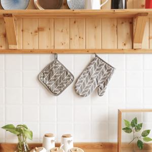 2in1 주방장갑 + 받침대 겸용 세트 그레이 헤링본