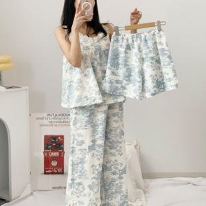 3피스 캡내장 여름 나시 잠옷 파자마 시어서커 노브라 브라캡 공주 레이스 프릴 잠옷 세트