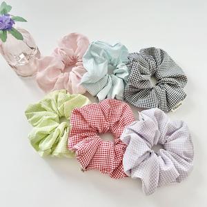 컬러 코튼 체크 스크런치 빅사이즈 볼륨 헤어슈슈 머리끈 포니테일 헤어스타일