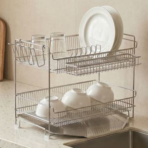 자동물빠짐 연마제 없는 올스텐304 2단 식기건조대+접시꽂이+컵꽂이+와이드바스켓