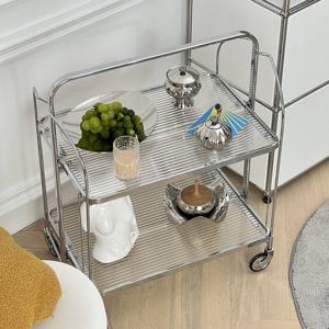 [해외] 프리미엄 폴딩 철제 강화유리 트롤리 360도 회전 이동식선반 접이식 선반 진열대