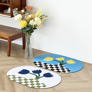 [리퍼] 모티 튤립 체커보드 규조토 발매트 미끄럼방지 튤립 꽃 빨아쓰는 체크 화장실 욕실