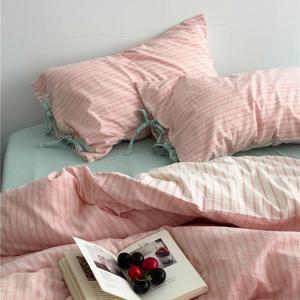 [해외] HAUZ 핑크스트라이프 소녀감성 민트리본 베개커버 이불세트 SS