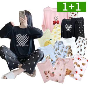 1+1 여성 파자마 긴팔 상의 하의 상하세트 봄 가을 폴리에스테르 홈웨어 잠옷