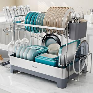 유로룩스 프리미엄 식기건조대 2단 스텐 그릇 정리대 컵걸이 대형 주방 싱크대 컵 선반