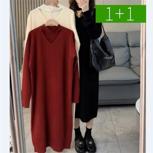 1+1 브이넥 여성 니트원피스 봄 가을 긴팔 폴리에스테르 여자 롱원피스 FREE