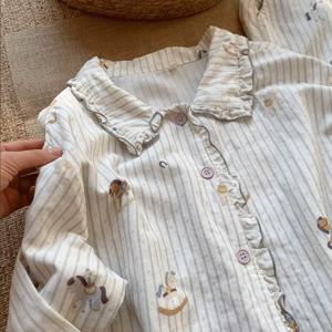 흔들목마 스트라이프 프릴 순면 사계절 긴팔 잠옷 세트 1color