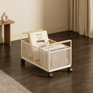 우드핸들 매쉬 웨건 수납함 이동식 다용도 정리함 북 트롤리