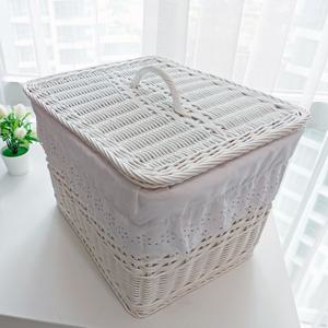 직사각 다용도 뚜껑 라탄 바구니 화이트 레이스천 포함 B603W