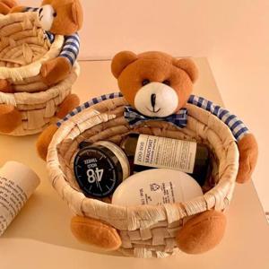 곰돌이 라탄 핸들 미니 간식 바구니 수납정리 수납함