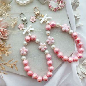 오로라AB 핑크 벚꽃키링 구슬 비즈키링 롱스트랩 폰스트랩 백참