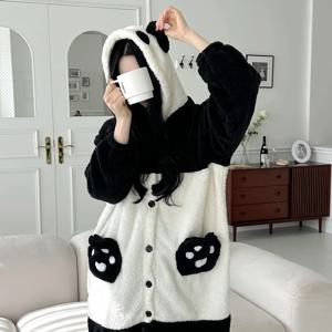 팬더 로브 잠옷 바지 세트 푸바오 코스튬 홈파티 파자마 동물 극세사 기모 수면 판다