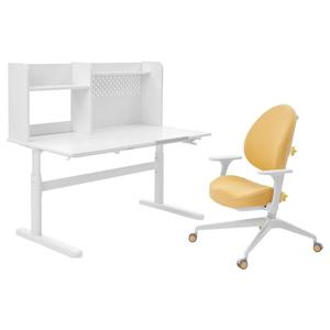 베릴레르카+군리크 어린이 높이조절책상+팔걸이의자 화이트/옐로 120x70cm