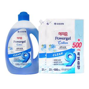해피홈 파워겔 클리어나인 세탁세제 코튼향 2.9L + 리필 2.1L+500ml x2