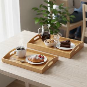 대나무 우드 트레이 카페 서빙용 베이커리 쟁반 + 유리커피잔 2개 세트