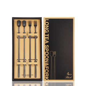 롱 티스푼 티포크 세트 4P 블랙 스테인리스 디저트 커트러리