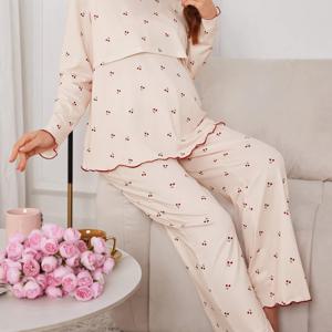 TEMU 임신용 프린트 수유용 긴팔 긴바지 편안한 파자마 세트