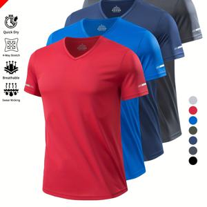 TEMU 남성용 V넥 반팔 티셔츠 4개 세트 - 수분 흡수 및 통기성 빠른 건조 스트레치 원단, 단색 운동복, 체육관/러닝/아웃도어 캐주얼 착용 - 가벼운 레귤러 핏 기계세탁 가능, 스타일리시한 스포츠 디자인 | 수분흡수 기능, 워크아웃 셔츠