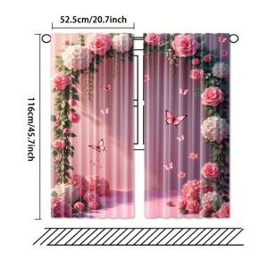 TEMU 어머니날을 위한 핑크 장미와 흰 꽃, 나비 디자인의 플로랄 프린트 커튼 2개 세트 - 침실, 주방, 거실용 100% 폴리에스터 반투명 로드 포켓 커튼 - 기계 세탁 가능한 현대적 홈 데코, 우아한 창문 처리 | 자카드 직물, 거실용 커튼