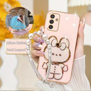 TEMU 휴대폰 케이스 - 미러 폴드 홀더 1개 + 펄 넥스트랩 1개 + 삼성 갤럭시 S24 S25 플러스 Fe용 고급 도금 케이스 1개, 충격 방지 보호 스탠드 커버 S24Plus S25Plus S24Fe