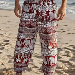 TEMU 남녀공용 아이스 실키 섬유 홈웨어 슬리퍼 팬츠, 봄/여름용 하렘 팬츠, 코코넛 나무와 코끼리 프린트, 남성용 및 여성용 발목길이 비치 롱 팬츠