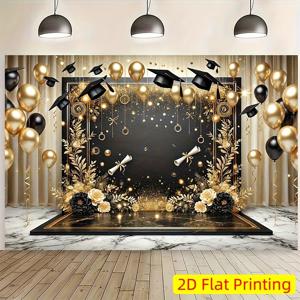 TEMU 2D 플랫, 2D 플랫 - 2D 플랫, 2D 플랫 - 8X6Ft 졸업 모자 배경막, 2D 플랫 배너 - 골드 & 블랙 테마, 풍선, 학위 디자인이 특징인 스타일리시한 폴리에스터 사진 배경, 실내/실외 파티 장식, 라이브 스트리밍