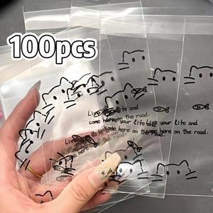 TEMU 귀여운 고양이 디자인 자체 접착 OPP 플라스틱 봉투 100개, 핑크 화이트 블랙 주얼리 선물용 봉투, 파티 선물, 포토카드 포장, 소형 카드 슬리브용, 8cm X 10cm