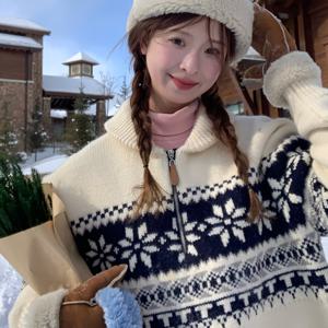 TEMU 여성용 빈티지 하프 지퍼 하이넥 스웨터, 페어 아일 패턴, 가을/겨울용 루즈핏 편안한 상의