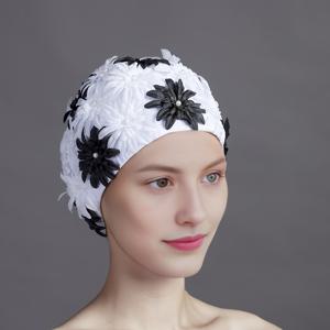 TEMU 여성들의 손으로 뜬 삼차원 꽃 모양의 흉내 진 진주 수영 모자