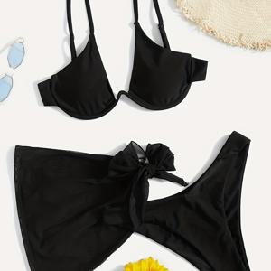 TEMU 2026 신상 여성용 비키니 세트, 푸시업 탑, 하이컷 팬티, 메쉬 스커트 포함, 고탄력 소재, 해변 휴가 및 수영장 파티에 적합