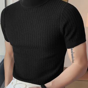 TEMU 남성용 여름 슬림핏 하이넥 터틀넥 티셔츠 - 통기성 니트 반팔 캐주얼 스트리트웨어 탑, 단색 기계 세탁 가능 라운지 & 캐주얼 의상, 편안한 착용감, 릴랙스 아웃핏, 스타일, 내구성 있는 구조, 도시풍 니트 셔츠