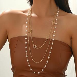 TEMU 다층 인조 진주 목걸이와 장미 꽃이 장식된 스타일리시하고 긴 스웨터 체인 액세서리 - 한국 스타일