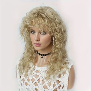 TEMU 【가벼움】 18인치 롱 블론드 컬리 가발, 앞머리 포함 - 푹신한 합성 열에 강한 섬유, 일상 사용에 적합