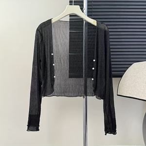 TEMU 신상 여름 프렌치 여성용 긴소매 자외선 차단 시폰 가디건 숄 에어컨용 스몰 가디건 해변용 자외선 차단복 1개