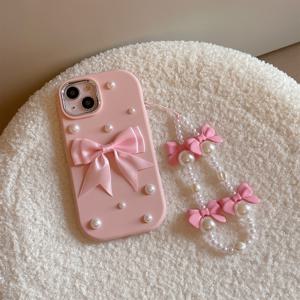 TEMU 휴대폰 케이스 - 신선한 여신 스타일 3D 빅 리본 진주 폰 케이스 (리본 팔찌 포함), 아이폰 17, 16, 15, 14, 13, 12, 11에 적합. 스트랩 액세서리와 소프트 쉘이 있는 니치 풀 커버 폰 보호 케이스