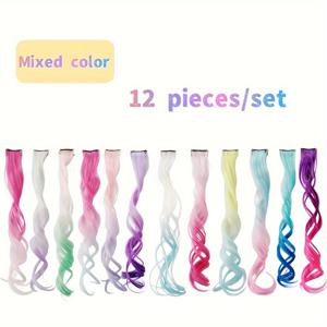 TEMU 컬러 곱슬 헤어 익스텐션, 옴브레 12인치 BB 클립인 헤어피스 12개입, 파티용, 데일리용, 클립인 하이라이트용 고온 섬유 헤어 액세서리