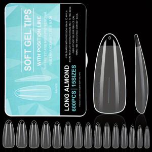 TEMU Quickchic 중간 알몽실 모양 풀 커버 아크릴 투명 네일 프레스온 600개입 (하프 매트 엔드, 엑스트라 롱 코핀 모양 네일 팁용 소프트 젤 클리어 15가지 사이즈)