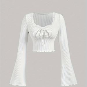 TEMU ZDZ081907 우아한 여성 솔리드 컬러 골지 레이스 스퀘어 칼라 탑, 리본 및 러플 디자인, 봄/가을 , 여행, 축제, 칵테일, 캠퍼스룩에 적합