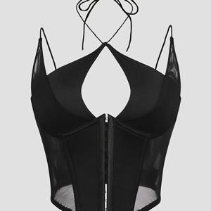 TEMU 섹시한 딥브이넥 홀터넥 단색 앞단추 메쉬 시스루 오픈백 슬링 코르셋 탑