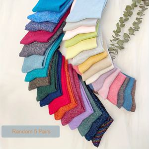 TEMU 5켤레 랜덤 여성용 미드 카프 양말 (골드 & 실버 스레드), 반짝이는 일본 스타일 단색 및 캔디 색상