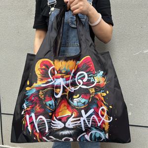 TEMU 스타일리시 유화 디자인 토트백 - 내구성 있고 접을 수 있으며 세탁 가능한 남녀공용 대용량 나일론 쇼핑백 - 일상 사용, 식료품 및 휴일에 완벽함