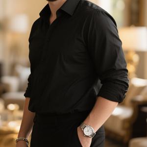 TEMU 남성용 캐주얼 솔리드 컬러 긴팔 셔츠 - 통기성 폴리에스터, 봄/가을에 완벽