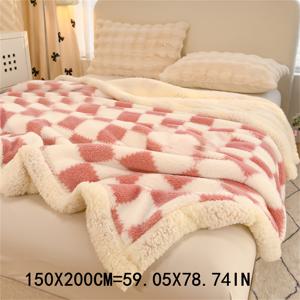 TEMU 공주풍 핑크 앤 화이트 체크 무늬 담요, 이중 레이어 및 두꺼운 디자인, 침대 및 소파에 적합, 사무실에서 낮잠 담요로도 사용 가능, 따뜻하고 포근함
