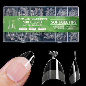 TEMU 프렌치 숏 스틸레토 네일팁 600개 - 숏 오벌 네일팁, 12가지 사이즈의 투명 네일팁과 케이스 포함, 내추럴 하프커버 인조 손톱, 인공 아크릴 손톱, 네일샵 및 가정용으로 적합